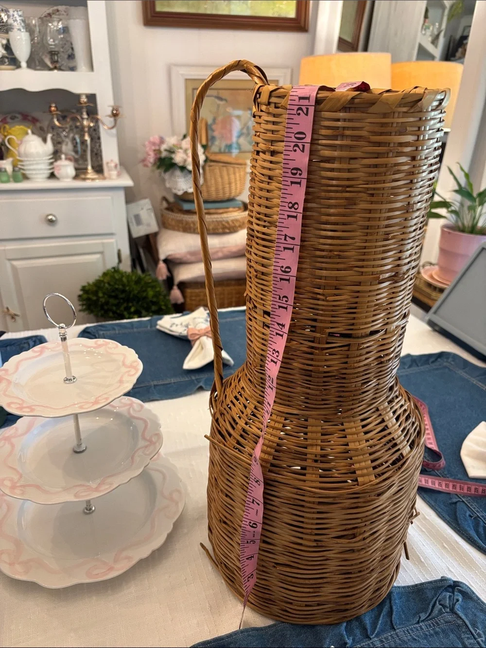 Vintage 70s Woven Rattan Tall Bottle Basket Vase - Natural Brown